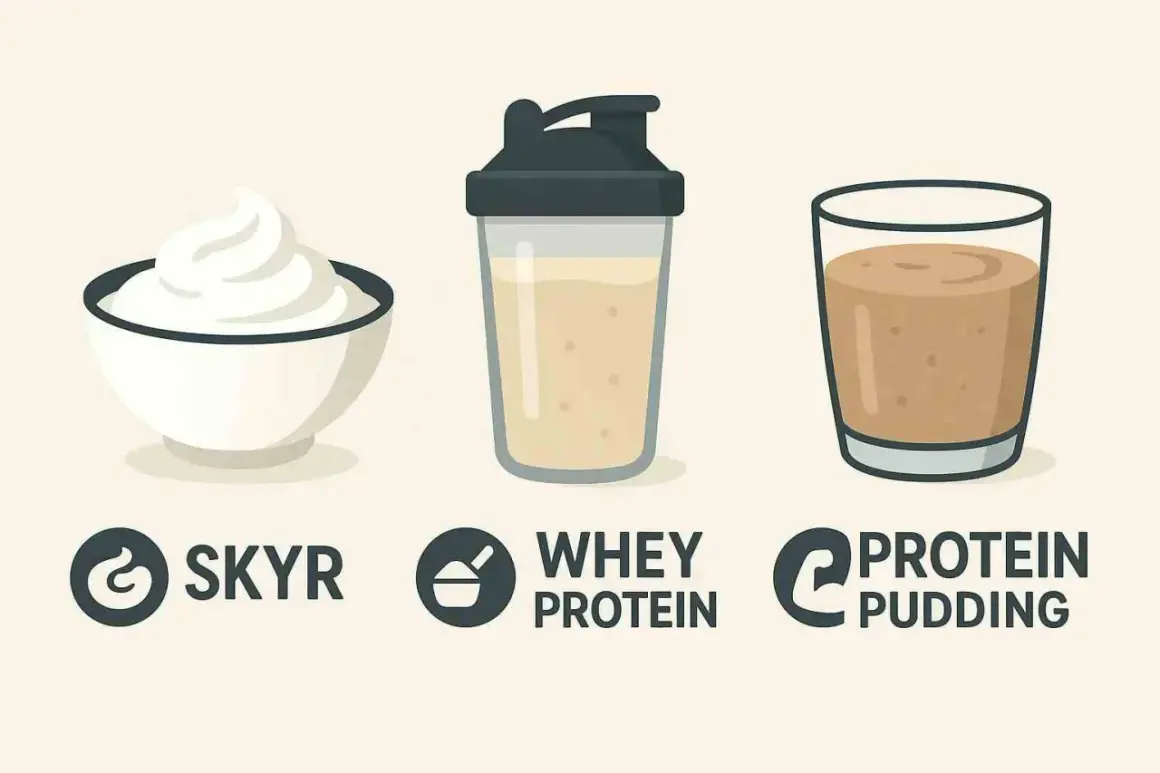 Schüssel mit Skyr, Shaker mit Whey Protein und Glas mit Protein Pudding. Vergleich von Skyr vs Quark.