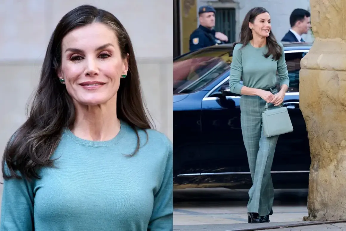 Królowa Letizia w stylizacji w odcieniach turkusowego koloru z czym łączyć? Elegancki zestaw z zieloną kratą i torebką.