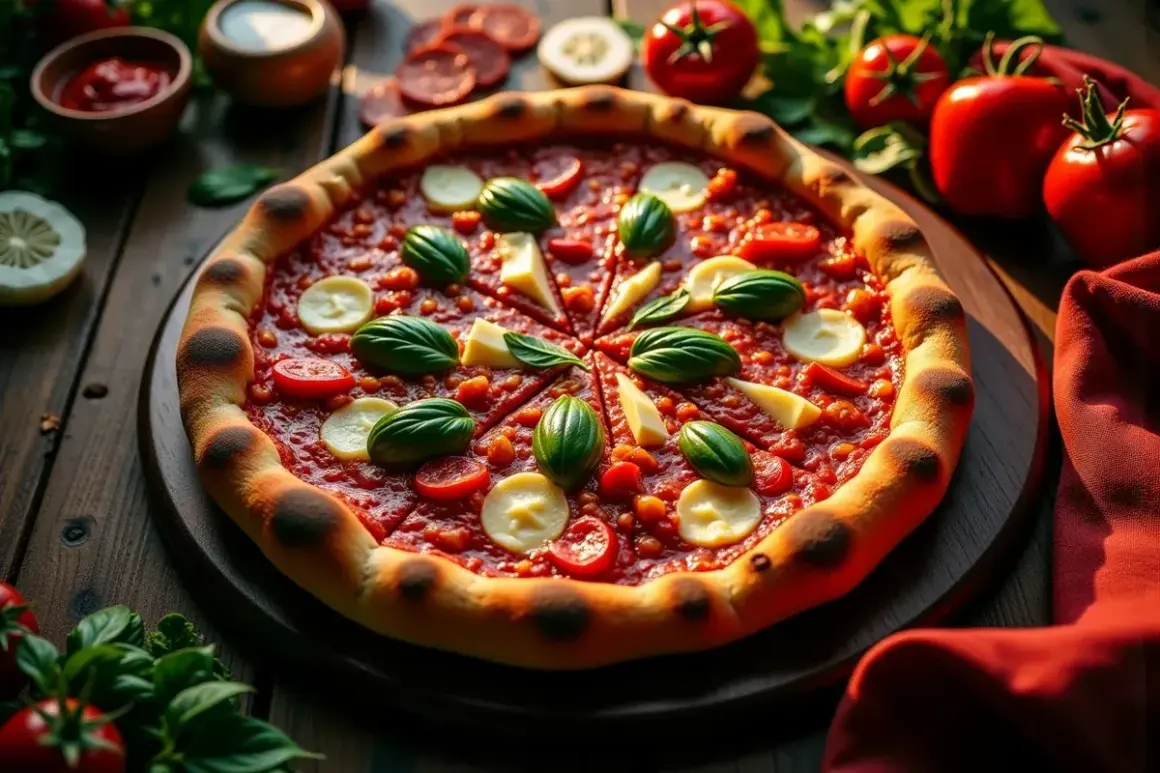 Pyszna pizza amerykańska z pomidorami, mozzarellą i bazylią, gotowa do podania.