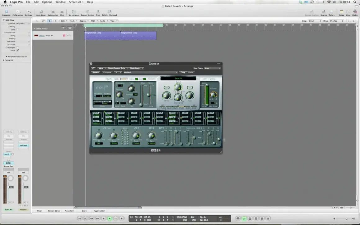 Program w Logic Pro z wtyczką EXS24, gdzie pogłos inaczej jest tworzony przez modulację LFO i obwiednie.