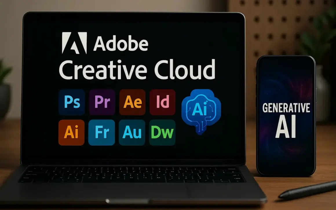 Laptop z logo Adobe Creative Cloud i ikonami aplikacji, obok smartfon z napisem "GENERATIVE AI".