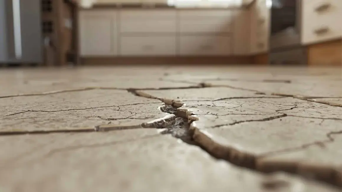 Gros plan sur un carrelage mal posé, fissuré et soulevé, révélant un travail bâclé.