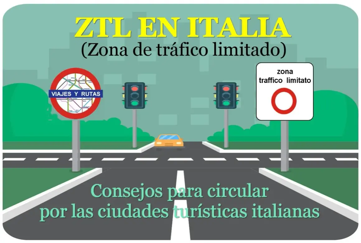 Señal de tráfico de zona limitada en Italia con semáforos y un coche.