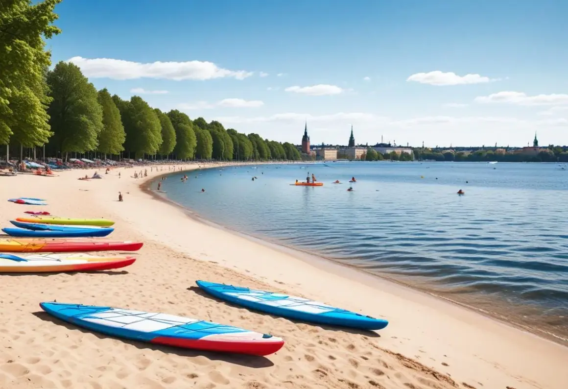Färgglada kajaker på stranden vid en av Stockholms badplatser. Människor badar och paddlar i det blå vattnet med stadens silhuett i bakgrunden.