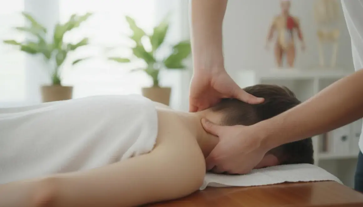 Profesjonalny chiropraktyk delikatnie masuje kark pacjenta, przynosząc ulgę i relaks.