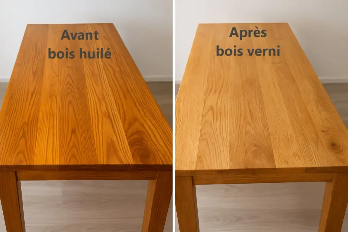 Comparaison d'un fond dur : bois huilé avant, puis bois verni après.
