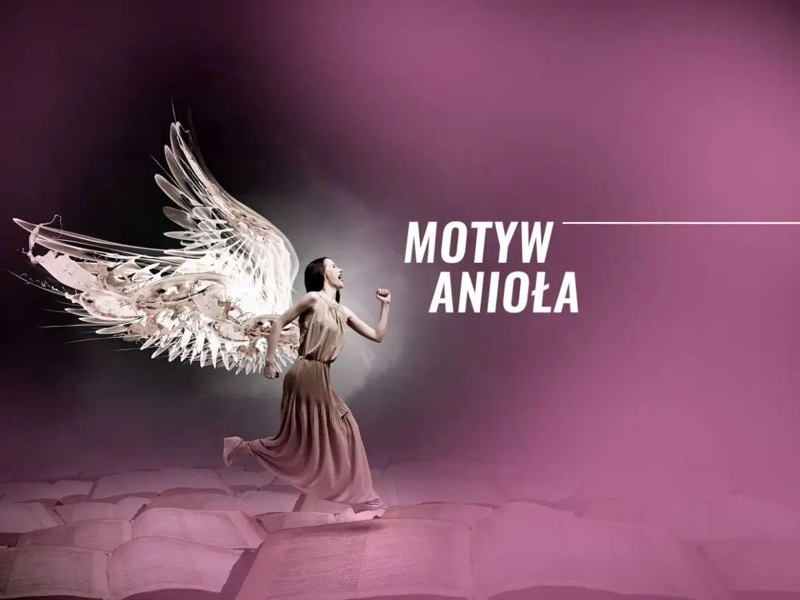 Kobieta z anielskimi skrzydłami biegnie po otwartych księgach, symbolizując motyw anioła w sztuce.
