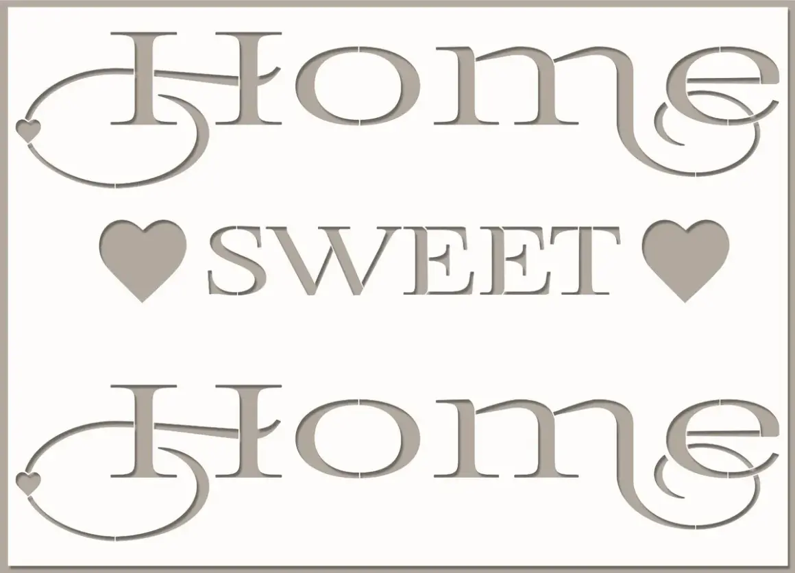 Texte "Home Sweet Home" en lettres bâton stylisées, avec des cœurs et des volutes.