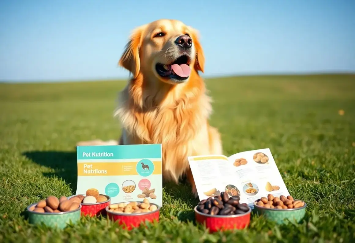 Złoty retriever siedzi na trawie obok misek z orzechami i broszury "Pet Nutrition". Czy pies może jeść orzechy nerkowca? Dowiedz się więcej!