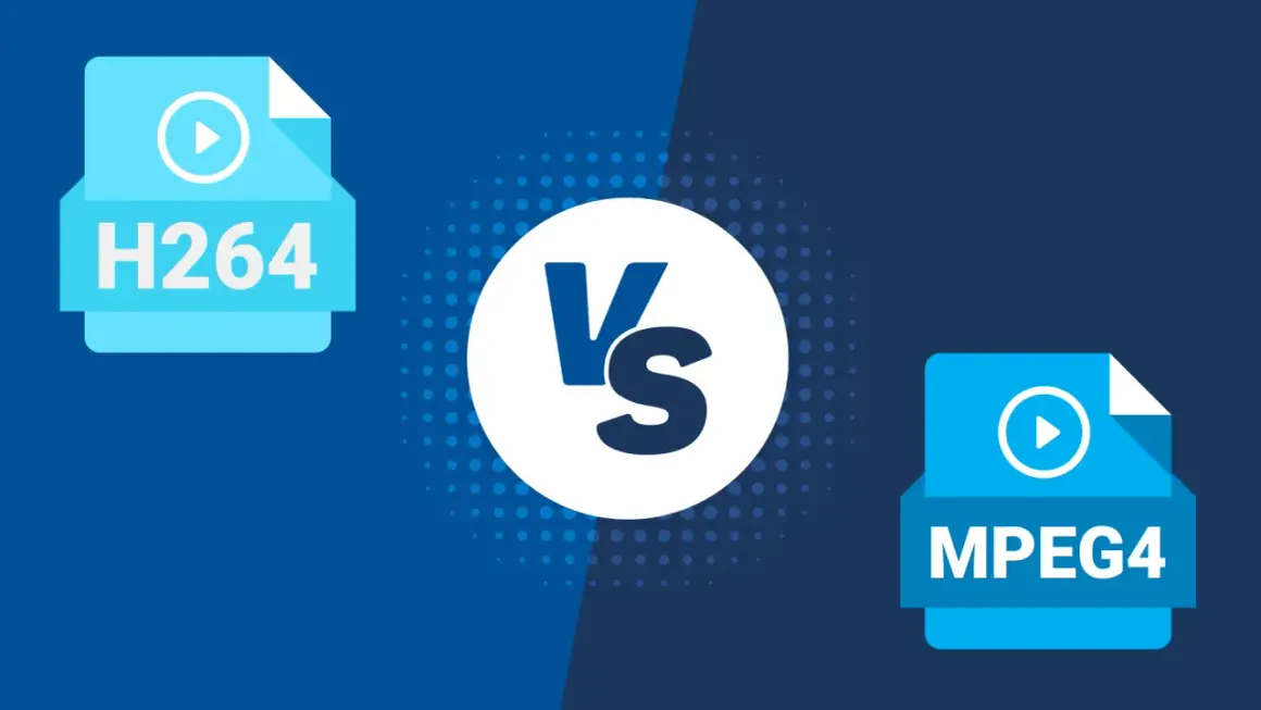 H.264 vs. MPEG4: A visual comparison of video compression formats, with icons representing each and a "VS" in the center.