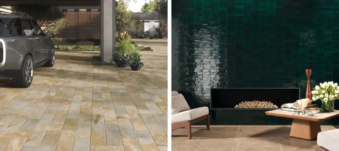 Allée de voiture en pavés et mur intérieur en carreaux verts profonds. La sous couche carrelage assure la durabilité.