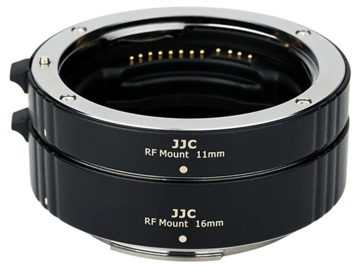Dwa pierścienie pośrednie JJC RF Mount 11mm i 16mm, pozwalające na zbliżenie obiektu i uzyskanie makro efektów.