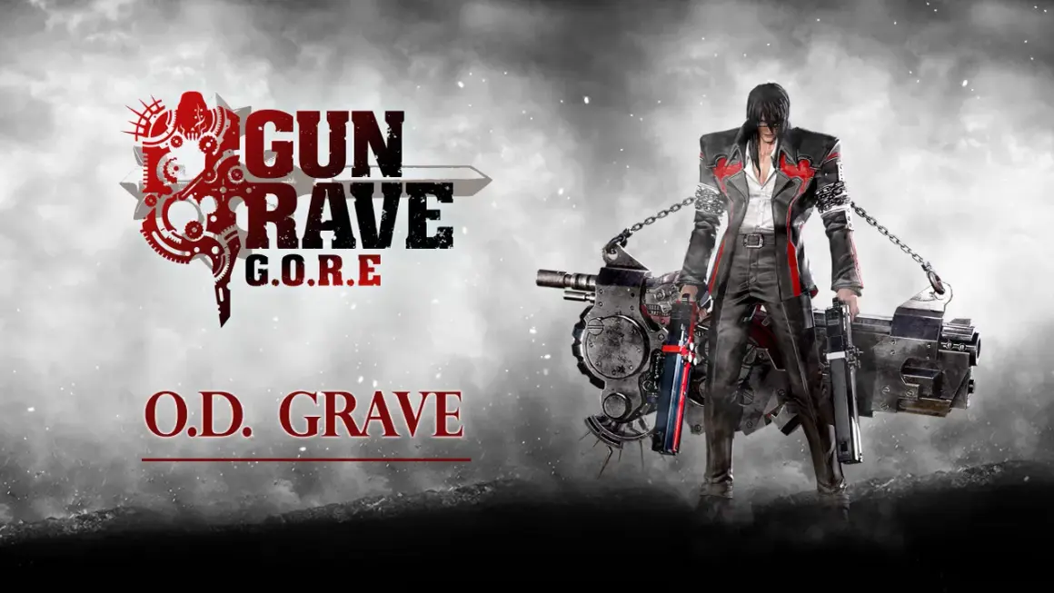 O.D. Grave z gry Gungrave G.O.R.E, z charakterystycznym płaszczem i potężną bronią.