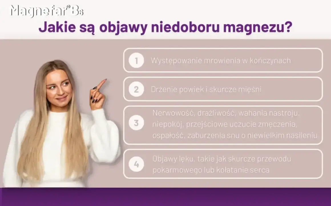 Kobieta wskazuje na objawy niedoboru magnezu: mrowienie, drżenie powiek, nerwowość, lęk.