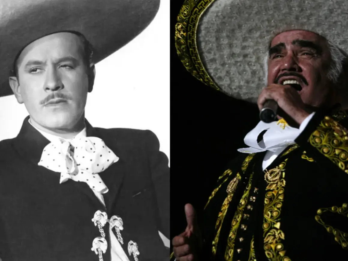 Dos icónicos cantantes mexicanos con sombreros charros: uno joven y elegante, el otro en pleno concierto.