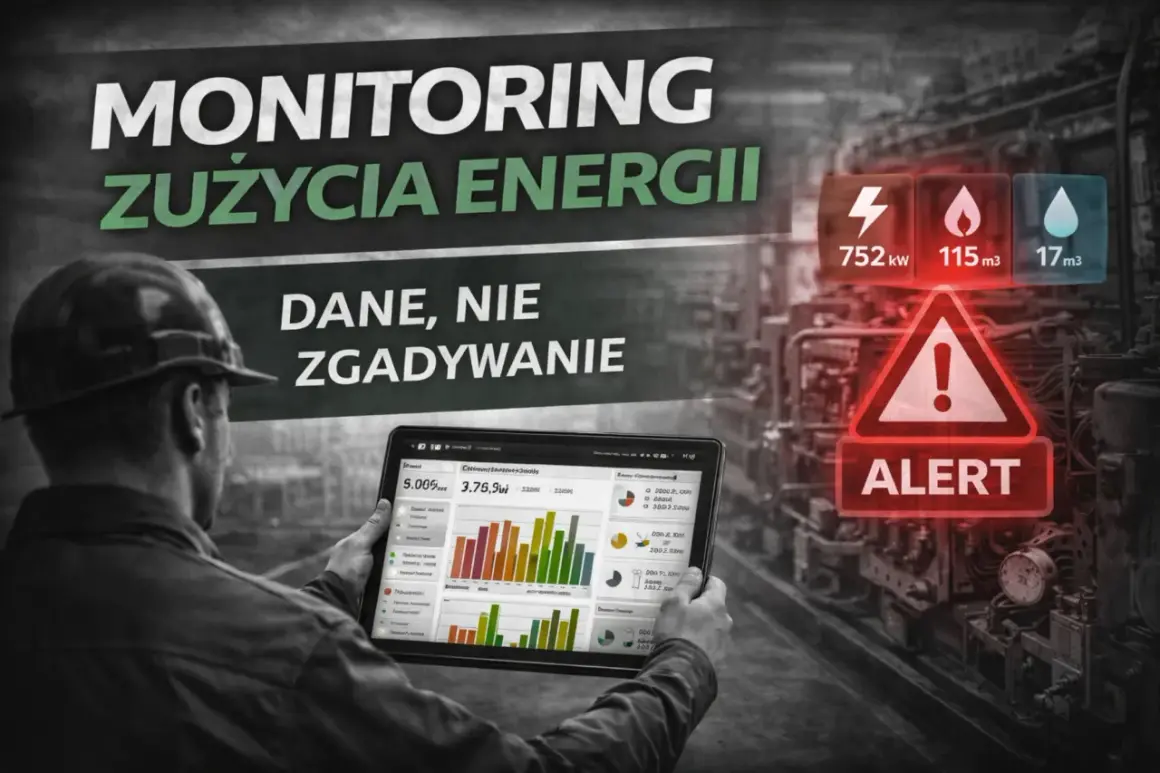 Monitoring zużycia energii elektrycznej na tablecie. Wskaźniki mocy, gazu i wody, alert. Dane, nie zgadywanie.