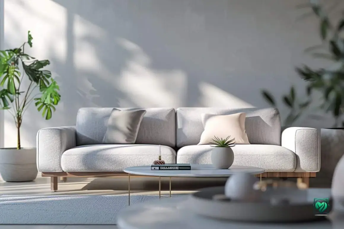 Ein hellgraues Sofa mit Kissen in Grau und Rosé. Die Frage, welche Farbe passt zu grau, wird hier elegant beantwortet: zarte Pastelltöne und Grünpflanzen.