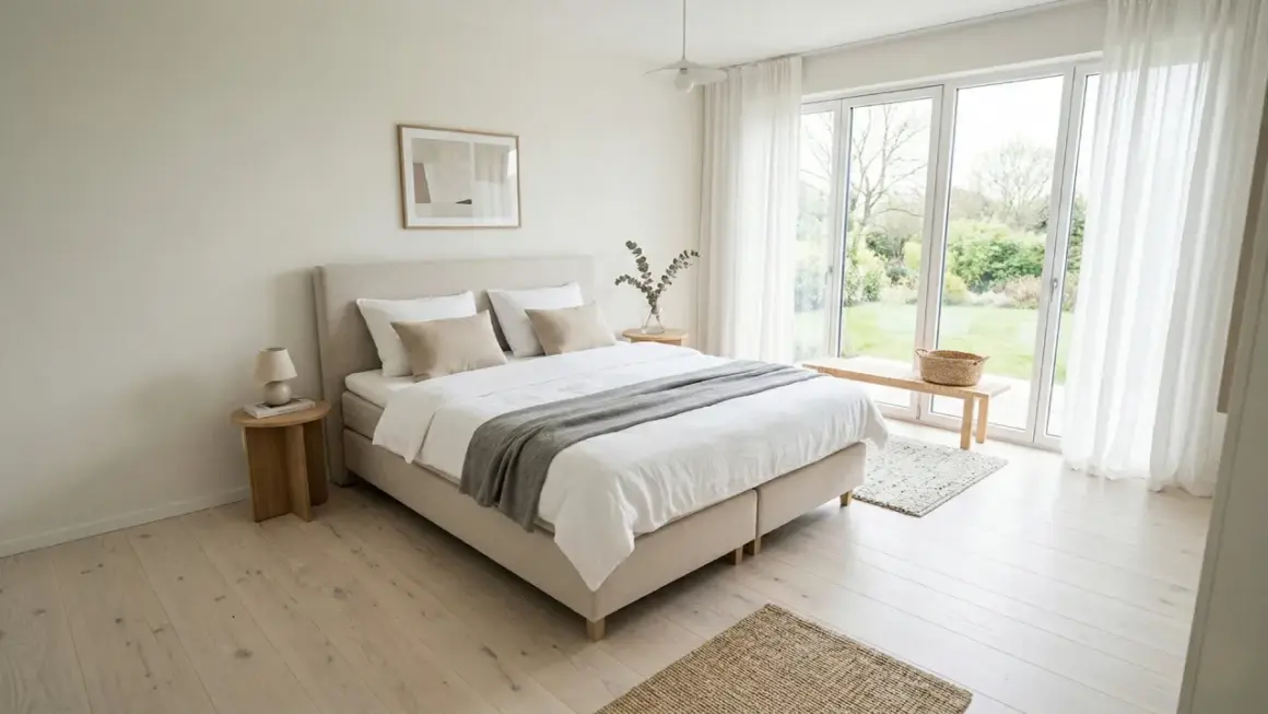 Ein helles Schlafzimmer mit einem **standard Bett**, weißen Bettwäsche, einem Holzbettrahmen und großen Fenstern mit Blick auf einen Garten.