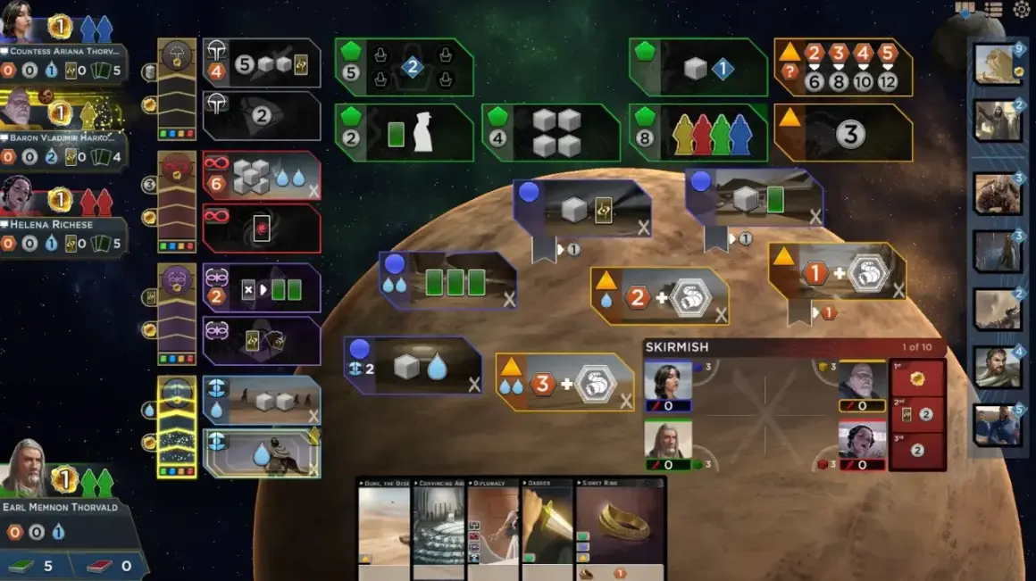 Brettspiel-Aufbau für Dune: Imperium Solo. Spielerfiguren, Ressourcen und Aktionsfelder sind auf dem Spielbrett verteilt.