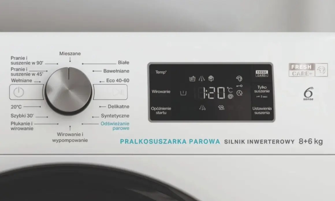 Panel sterowania pralkosuszarki Whirlpool z opisem programów: Mieszane, Białe, Bawełniane, Eco 40-60, Delikatne, Syntetyczne, Odświeżanie parowe. Wyświetlacz pokazuje czas 0:20.