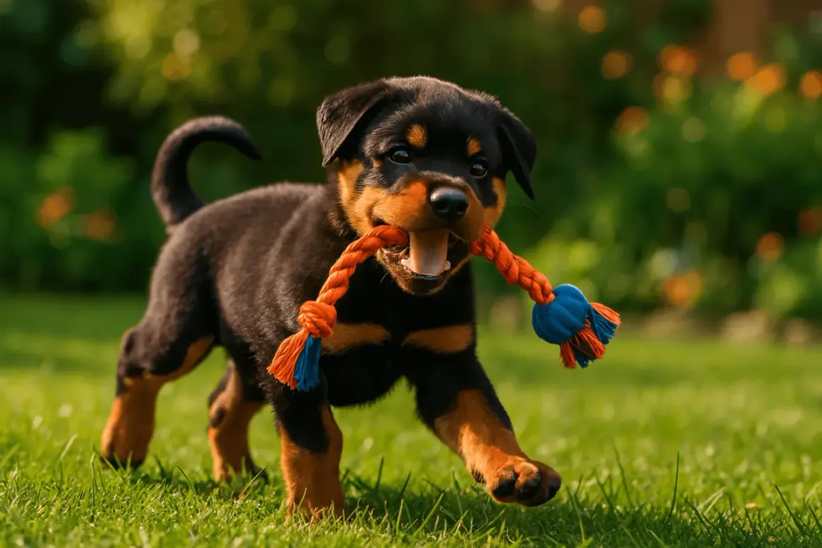 Un adorable bébé rottweiler court sur l'herbe, tenant un jouet à corde orange et bleu dans sa gueule.