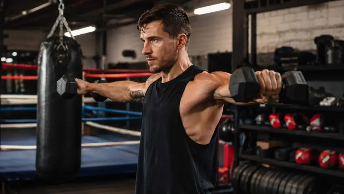 Man performing a boxing shoulder workout with dumbbells in a gym. He's focused, with toned arms and shoulders.