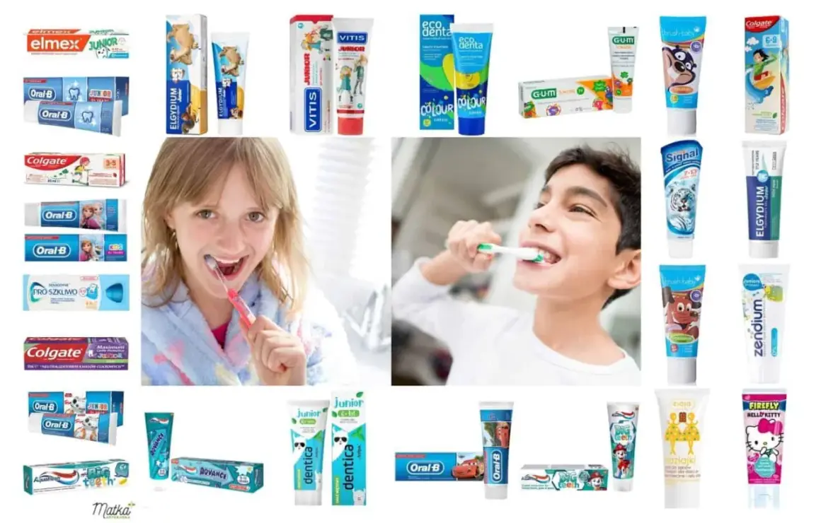 Dzieci myją zęby pastą do zębów z fluorem. Wiele marek past dla dzieci, np. Elmex, Colgate, Oral-B, Vitis, Signal.