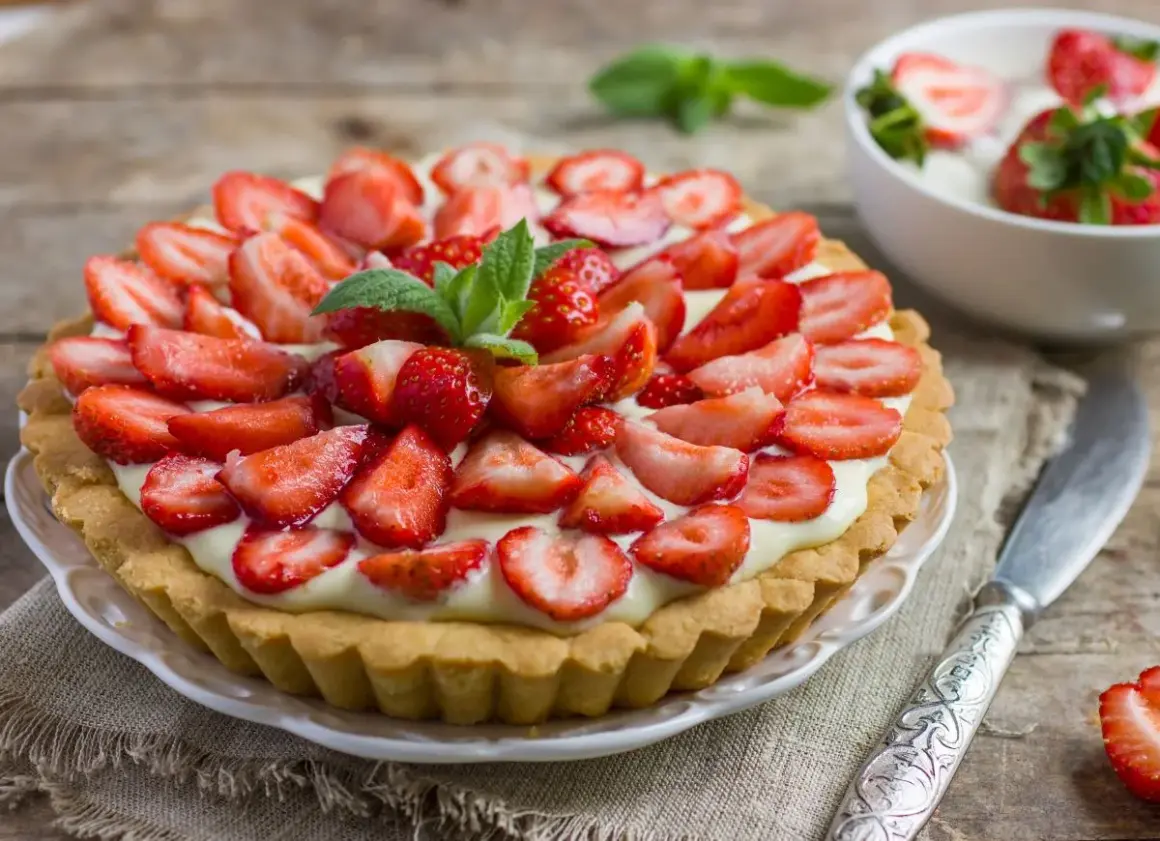 Prosta tarta z truskawkami, udekorowana listkami mięty, wygląda apetycznie na drewnianym blacie.