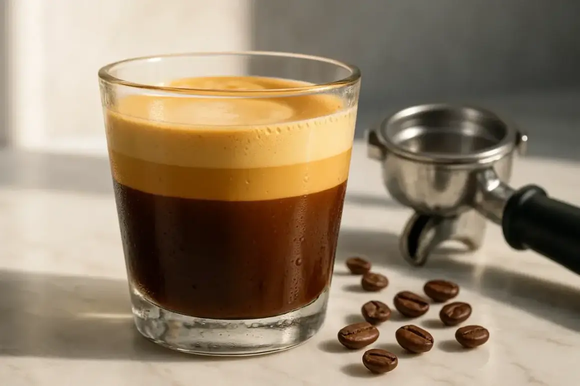 En perfekt lagerdelad cortado, med sin rika espresso och mjölkskum, står bredvid en portafilter. En härlig kontrast till en cappuccino.