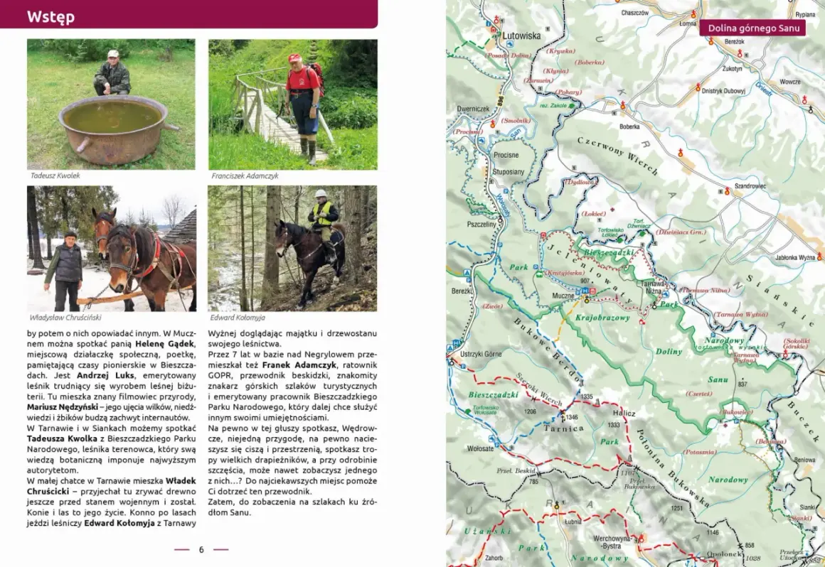 Mapa Bieszczadów z zaznaczoną Doliną Sanu, zdjęciami ludzi i koni.
