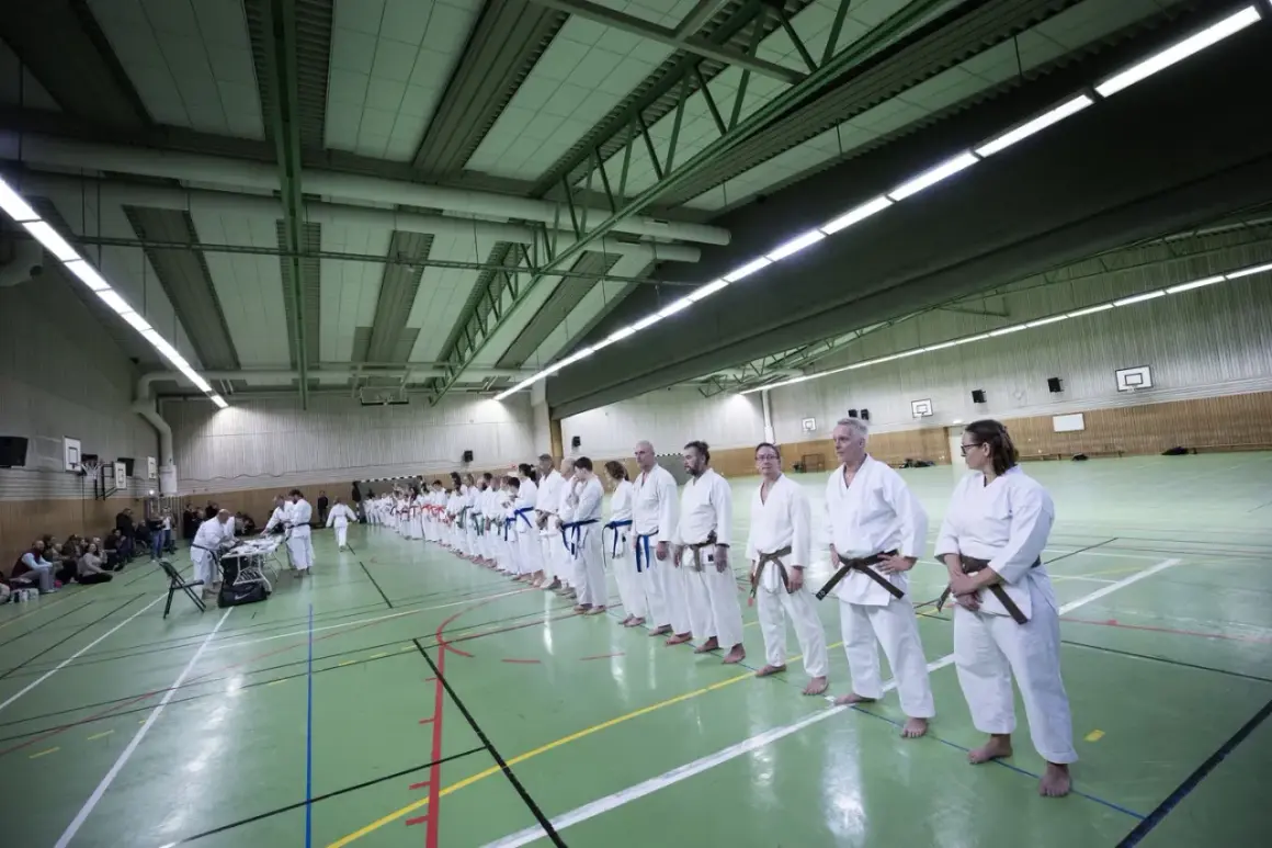 En grupp karateutövare står uppradade i en sporthall. Flera bär ett brunt bälte karate, vilket indikerar erfarenhet.