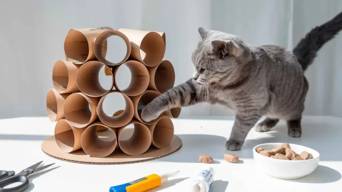 Gato gris jugando con una torre de rollos de cartón, un ejemplo de juguetes para gatos caseros.