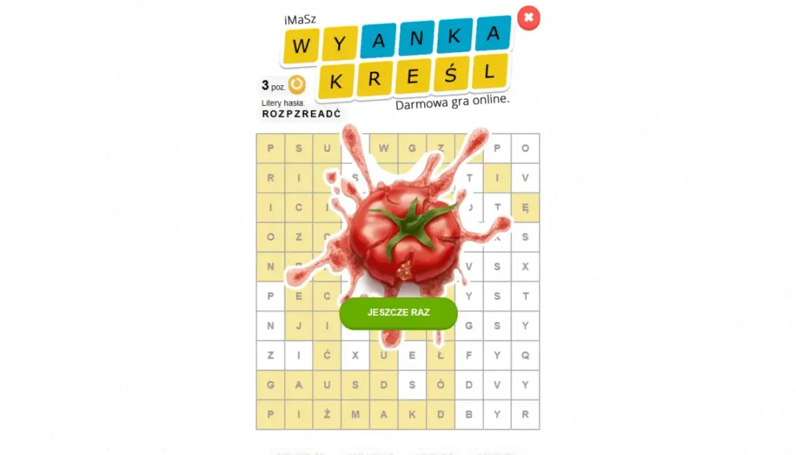 Wykreślanka gra z pomidorem w sosie. Rozgrywka online, litery hasła: ROZPZREADĆ.