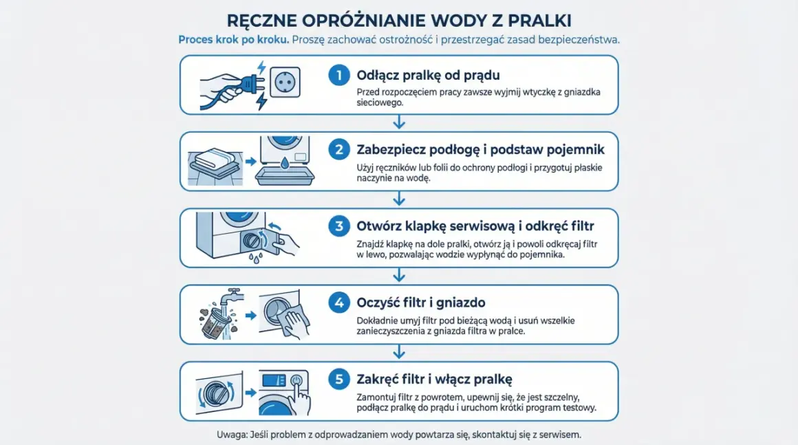 Instrukcja obsługi Whirlpool pralka od góry: odłącz prąd, zabezpiecz podłogę, otwórz klapkę, oczyść filtr, zakręć filtr i włącz pralkę.