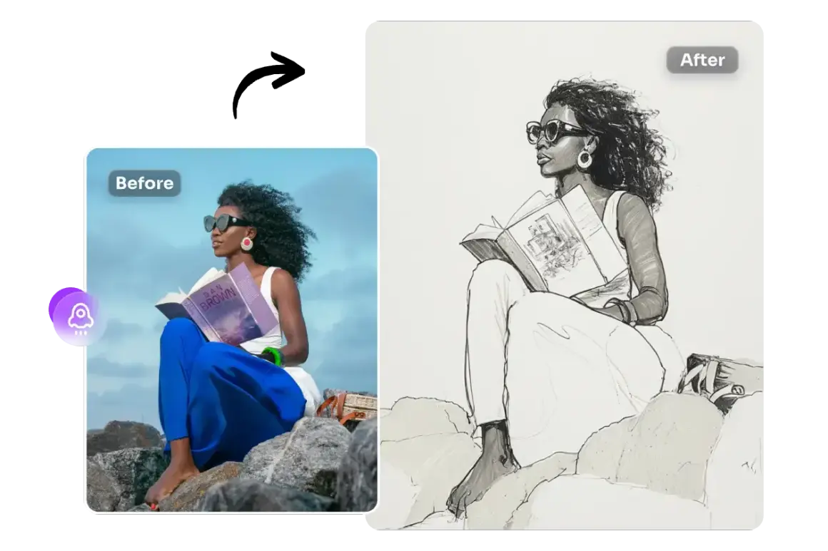 A woman reading a book on rocks, transformed by a drawing filter into a sketch.