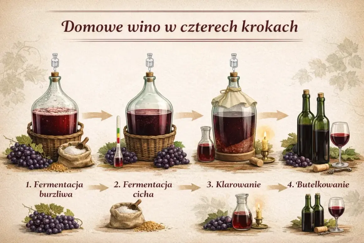 Proces tworzenia swojskiego wina: fermentacja burzliwa, cicha, klarowanie i butelkowanie. Od winogron do kieliszka.