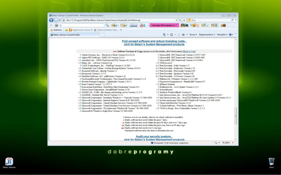 Lista programów z Belarc Advisor. Znajdź nieużywane oprogramowanie i zredukuj koszty licencji.