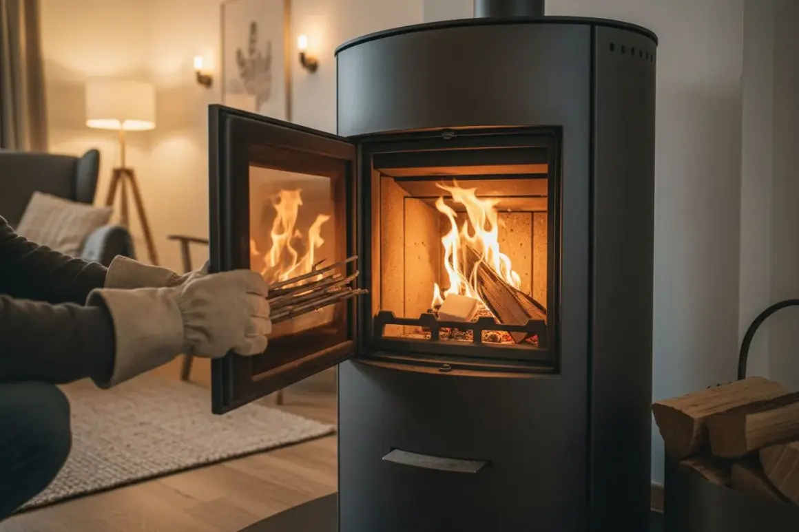 Person mit Handschuhen legt Holzscheite in einen brennenden Ofen, um das Feuer zu schüren. Das Holz verbrennt stehend oder liegend.