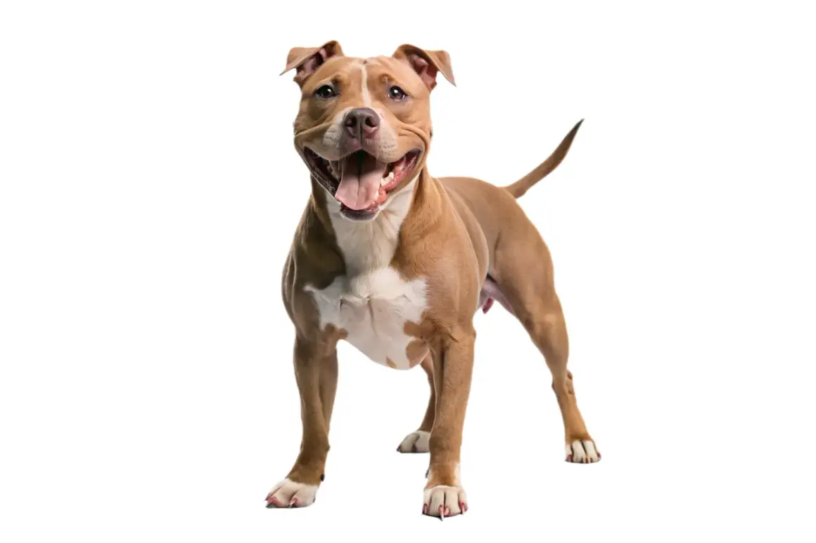Un pitbull terrier marrón y blanco sonríe con la boca abierta, mostrando su lengua y dientes.
