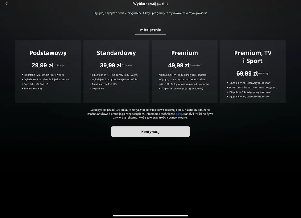 Porównanie pakietów HBO: Podstawowy (29,99 zł/miesiąc), Standardowy (39,99 zł/miesiąc), Premium (49,99 zł/miesiąc) i Premium, TV i Sport (69,99 zł/miesiąc).