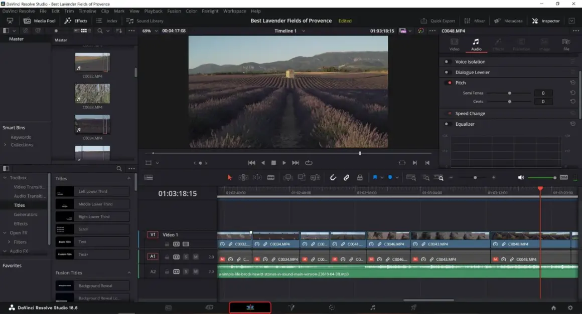 Editing a lavender field video in DaVinci Resolve 18, with timeline and audio inspector visible.