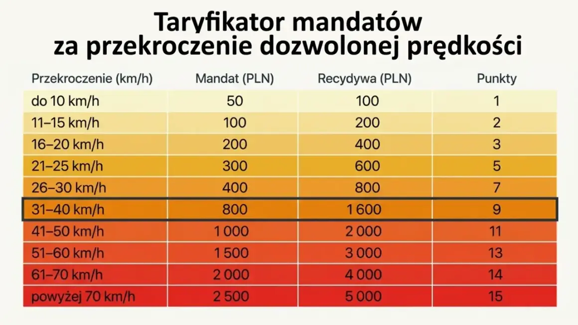 Taryfikator mandatów za przekroczenie prędkości: od 50 zł i 1 punktu za jazdę do 10 km/h za szybko, do 2500 zł i 15 punktów za jazdę powyżej 70 km/h za szybko.