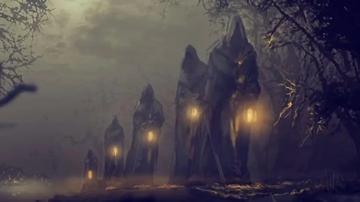 Figuras encapuchadas con faroles iluminan un camino boscoso, evocando una **leyenda gallega** de misterio y ultratumba.
