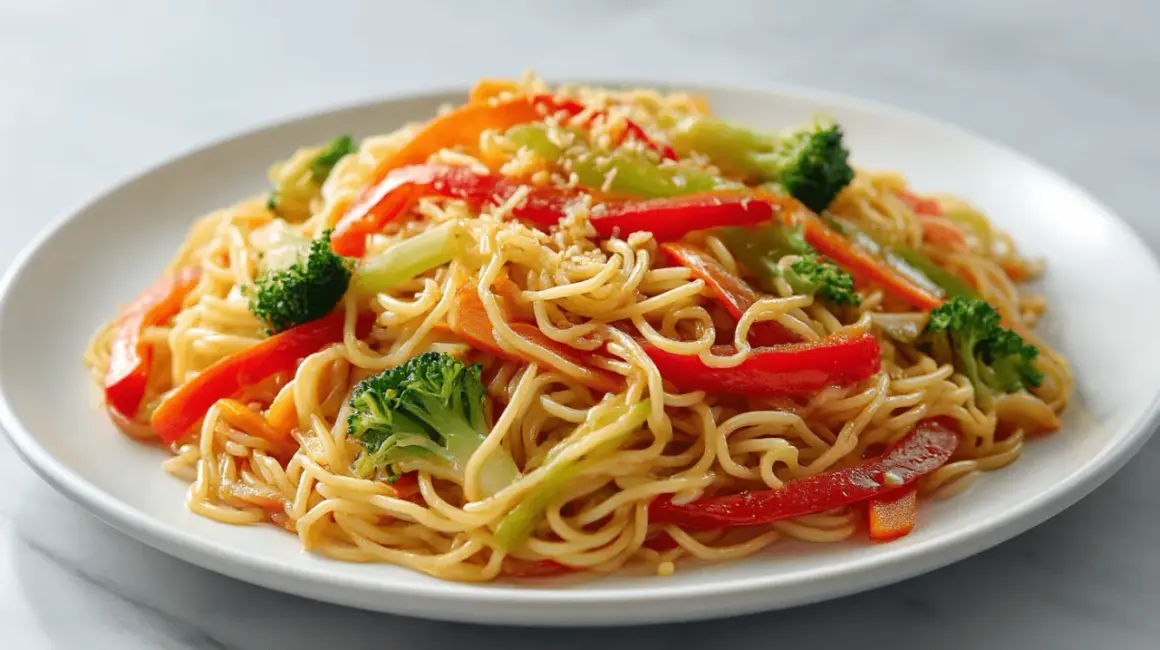 Buntes Mie Noodles Rezept mit Brokkoli, Paprika und Karotten, garniert mit Sesam. Ein schnelles und gesundes Gericht.