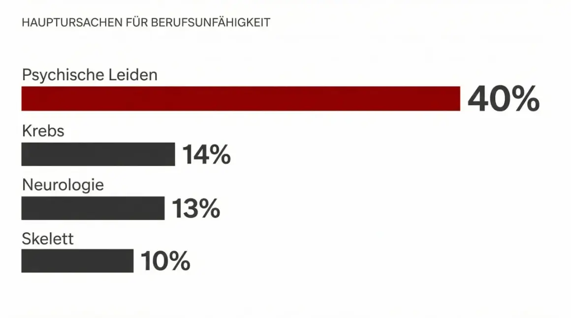 Hauptursachen für Berufsunfähigkeit: Psychische Leiden (40%), Krebs (14%), Neurologie (13%), Skelett (10%). Bei psychischen Erkrankungen bekommt man am häufigsten Erwerbsminderungsrente.