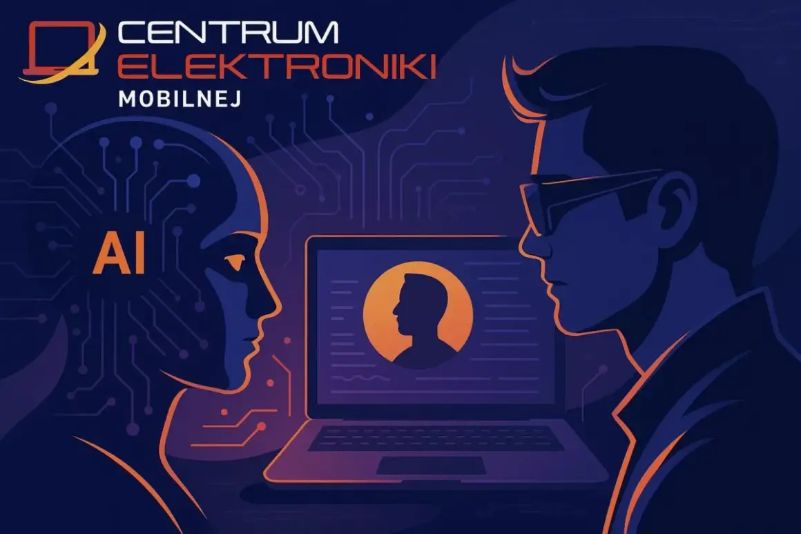 Centrum Elektroniki Mobilnej oferuje sztuczna inteligencja za darmo. Grafika przedstawia profil AI i człowieka patrzących na siebie nawzajem.