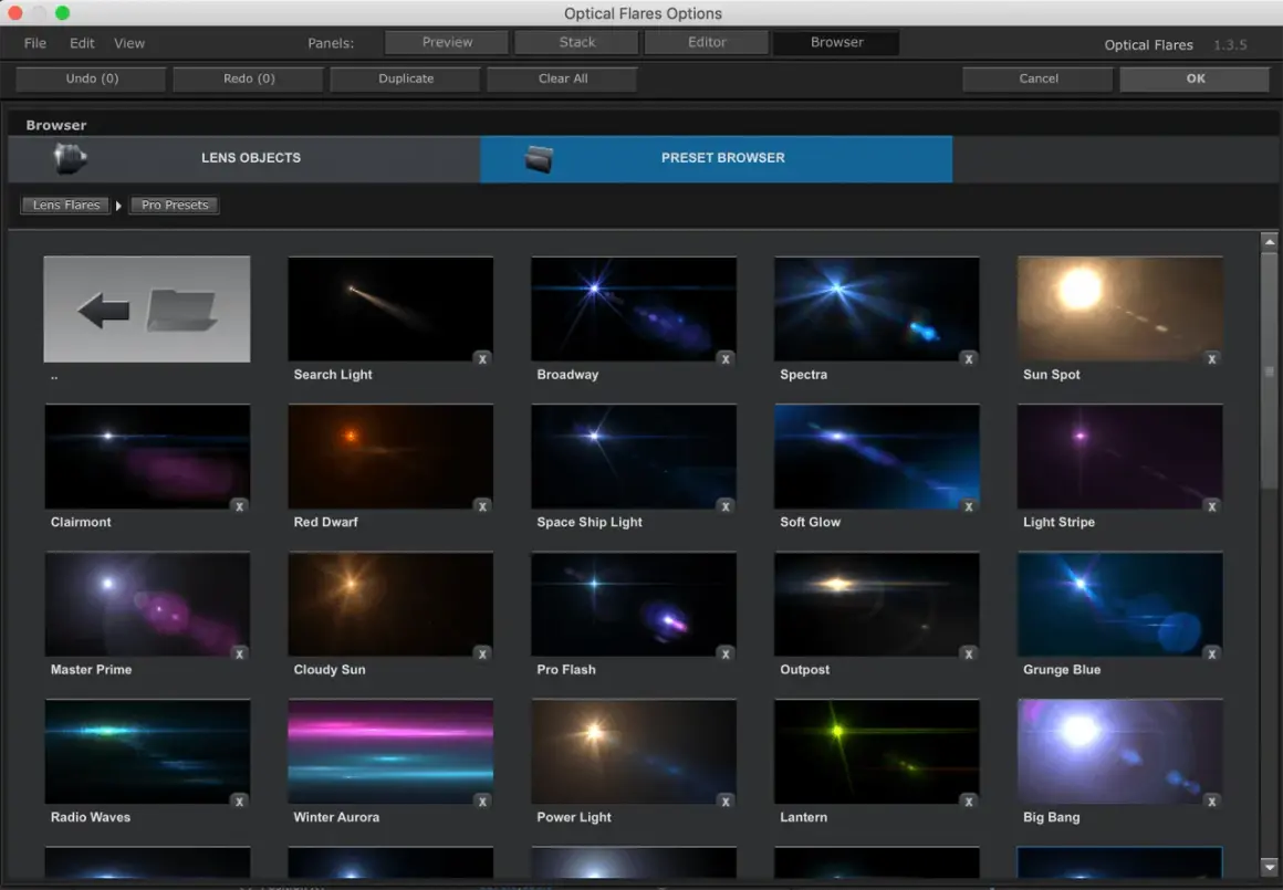 A browser window displays various optical flares presets for After Effects, including "Sun Spot," "Broadway," and "Big Bang.