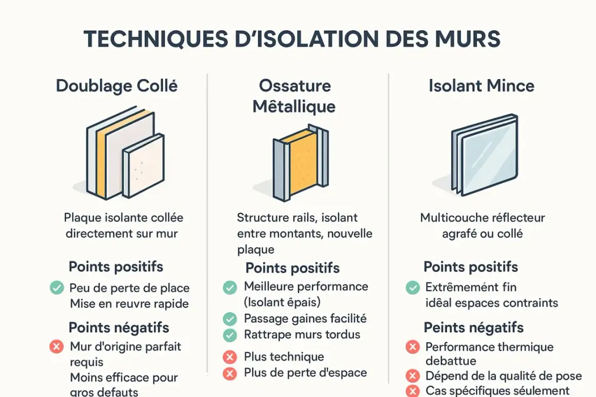 Comparaison de techniques d'isolation des murs : collage de plaques, ossature métallique pour pose placo, et isolant mince.