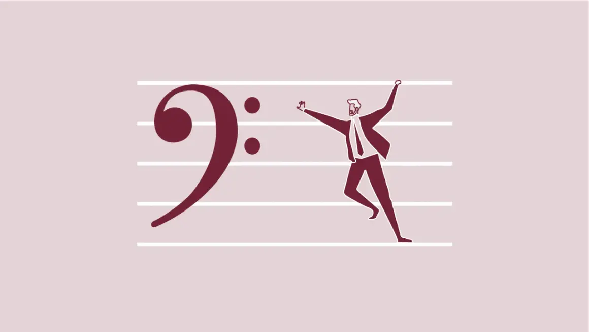 La chiave di fa pianoforte, con un uomo stilizzato che corre festante sulle note musicali.