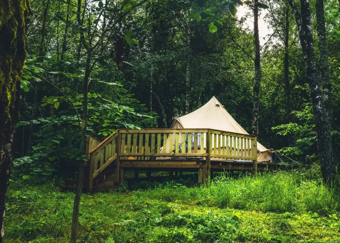 En lyxig glamping i Skåne, med ett beige tält på en träaltan mitt i en grönskande skog.